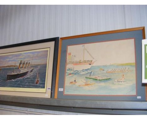 A Limited Edition print entitled 'The Titanic off Cowes, Isle of Wight' by SIMON FISHER and signed by last survivor Millvina 