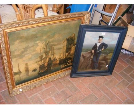 A framed coloured print of sailor, together with a gilt framed maritime print 