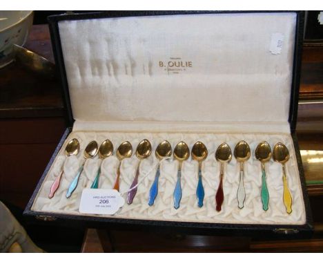 A set of sterling silver and enamel Norwegian coffee spoons in presentation case