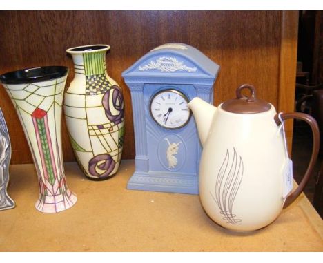 A Wedgwood Jasper ware mantel clock, Carlton Ware coffee pot and two Old Tupton Ware vases 