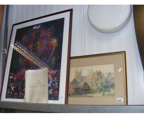 A Limited Edition print of the Eiffel Tower by ANN REEVES, together with watercolour of cathedral by F REASON 