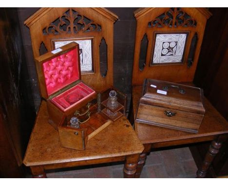 A Victorian walnut ladies vanity box with cut glass scent bottles, together with a tea caddy