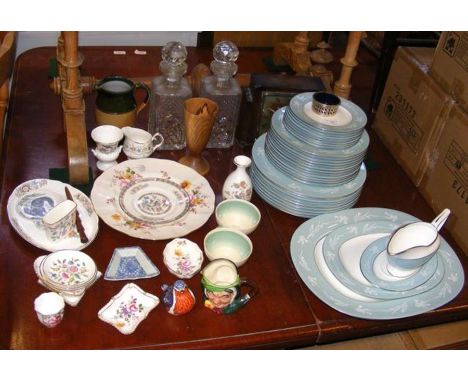 A collection of Minton Turquoise Cameo dinner ware, pair of cut glass decanters, Royal Crown Derby bird paperweight etc.