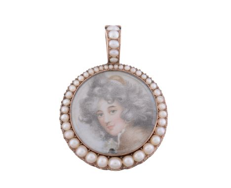  A pearl and portrait miniature pendant,   circa 1900,  the circular miniature of a portrait of a lady, within a surround of 
