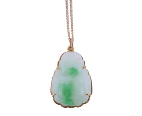  A jadeite Buddha pendant,   the jade plaque carved to depict a Buddha, in a gold surround, suspended by a gold chain, stampe