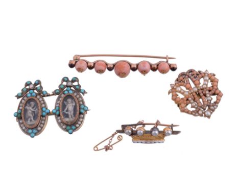  A small collection of antique brooches,   to include: a turquoise and half pearl brooch, circa 1870, the two panels centred 