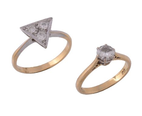  Two diamond rings,   the first with a trio of brilliant cut diamonds in a triangular setting, finger size R; together with a