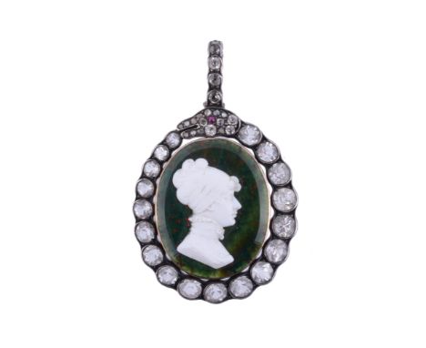  A Victorian paste set pendant,   circa 1880, the oval bloodstone panel with an applied white paste female profile wearing a 