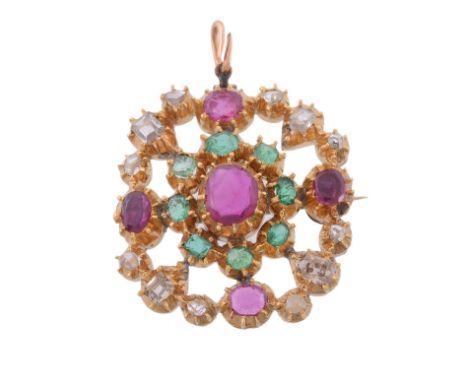  A mid 19th century ruby, emerald and diamond brooch/pendant,   circa 1840, the central oval shaped ruby in a pinched collet 