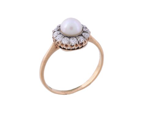  A pearl and diamond ring,   the central 6mm pearl within a surround of old cut diamonds, stamped 18ct, finger size O Please 