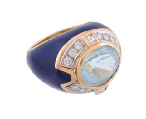  An enamel, diamond and aquamarine dress ring  , the oval shaped aquamarine within a part surround of brilliant and step cut 