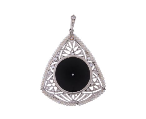  An onyx, seed pearl and diamond pendant,   circa 1920, the circular shaped onyx panel collet set within a pierced surround s