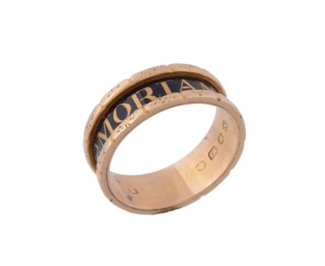  A black enamelled mourning ring  , hallmarked London 1808, with script reading In Memorium 1773, with faint inscription insi