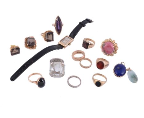 A collection of dress jewellery, to include: a rhodonite dress ring, the circular shaped cabochon rhodonite claw set within a