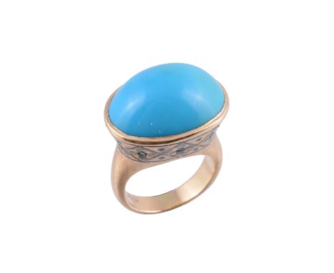  A blue stone ring,   the oval cabochon blue stone collet set within a foliate detail surround accented with brilliant cut di