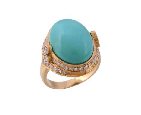  A turquoise and diamond ring,   the central oval cabochon turquoise within a surround of brilliant cut diamonds, stamped 750