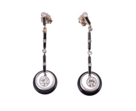  A pair of diamond and black stone drop ear pendents,   circa 1920, the principal diamonds estimated to weigh 1.40 carats tot
