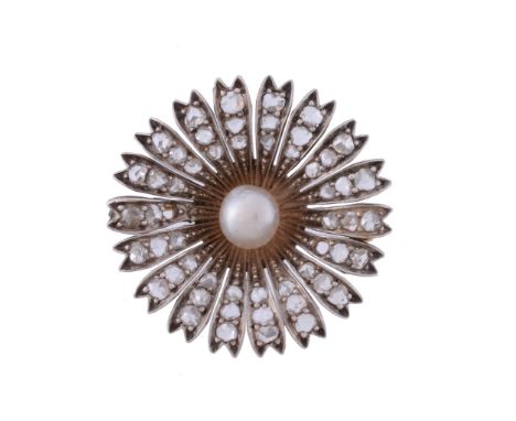  A diamond and pearl flower head brooch,   circa 1900, the flower head set with a central pearl within a surround of rose cut
