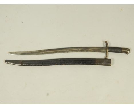 A 19thC bayonet with fullered blade, and steel mounted leather scabbard, 73.5cm  long overall.