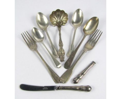 A small selection of silver flatware, including two Georgian dessert forks and a spoon, Sterling silver ladle, etc, 4oz weigh