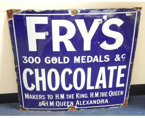 A Fry's Chocolate enamel sign, 300 Gold Medals, etc, makers to H.M. The King, H.M. The Queen Alexandra, 61cm x 61cm.