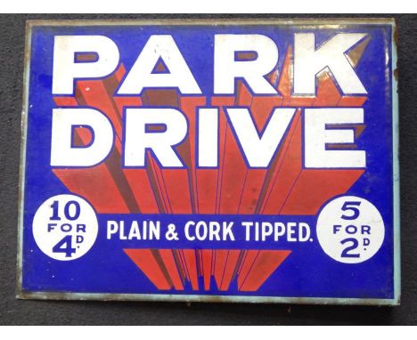 An enamel sign for Park Drive Cigarettes, Plain and Corked Tipped, 30.5cm x 41cm.