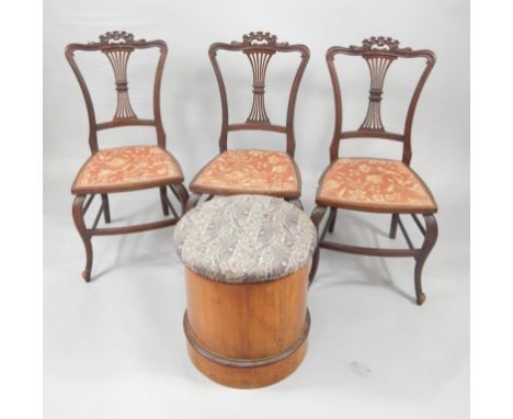 A Victorian mahogany drum commode, with seat top, together with three Victorian mahogany single dining chairs