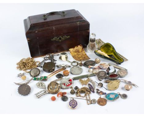 A Georgian mahogany tea caddy, and a collection of Victorian and later 'treasures' including brooches, scent bottle, medallio