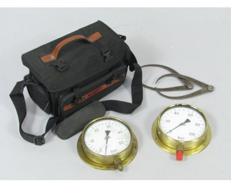 Various tools, etc to include engineering calipers, 20cm high, modern brass pressure gauge, 16cm diameter, another No 9993632