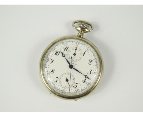 A Leonidas early 20thC white metal cased chronograph pocket watch, enamel dial bearing Arabic numerals, two subsidiary dials,