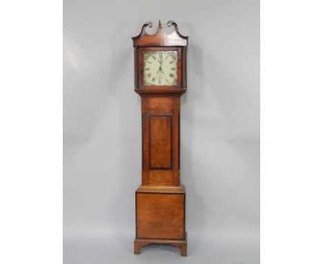 A George III oak and mahogany longcase clock by James Thistle, Williton, enamel dial painted with castles to the corners, bea