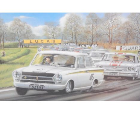 K W Davies. Jim Clark (Lotus-Cortina), Oulton Park 1964, limited edition print 565/800, signed, dated 2003, 49cm x 67cm.