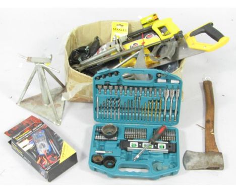 Various tools, bits, hatchet 46cm high, Stanley and other saws, hand tools, etc, (qty).