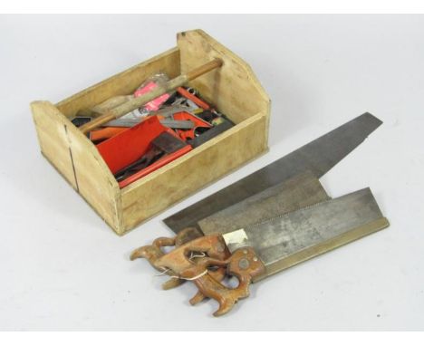 Various tools, vintage tenon saw marked KAY, Hull, 48cm wide, and various other hand tools, spanners, etc, (qty).