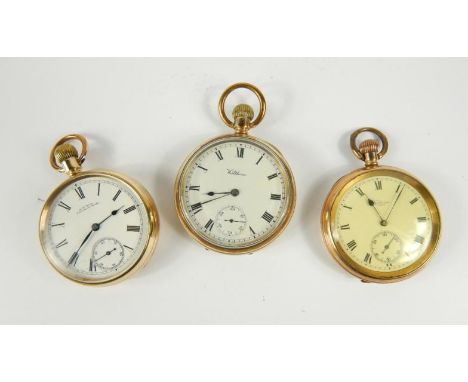 Three Waltham gold plated gentleman's open faced pocket watches, keyless wind, enamel dials bearing Roman numerals, subsidiar