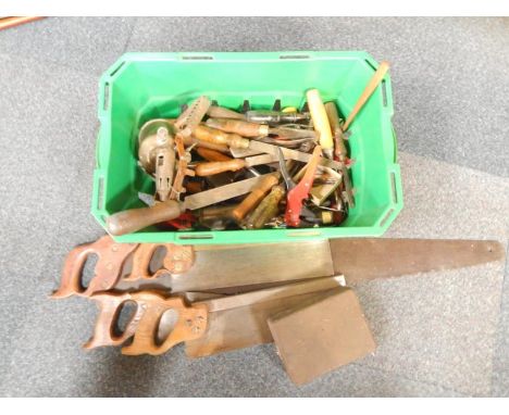 A Spear & Jackson wood saw, further saws, chisels and sundry tools, (qty).