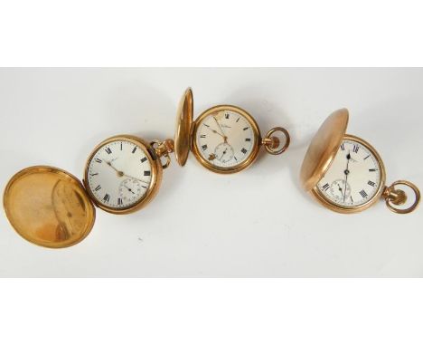 Three Waltham gentleman's gold plated hunting cased pocket watches, each with enamel dial bearing Roman numerals, subsidiary 