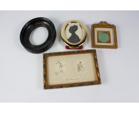 A Victorian gilt metal portrait frame, with easel back, a Regency silhouette, etc, (4).