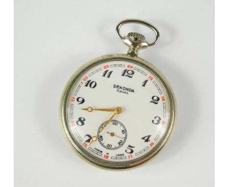 A Sekonda USSR white metal cased pocket watch, keyless wind, enamel dial bearing Arabic numerals, subsidiary seconds dial, ba