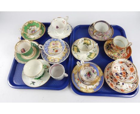 Early to mid 19thC porcelain tea cups and saucers, coffee cans and a trio, including a Minton cup and saucer moulded with lea