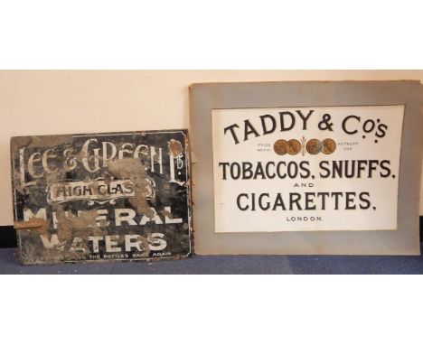 An enamel sign for Lee & Greech Ltd, High Class Mineral Waters, 38cm x 51cm, together with a card advert for Taddy & Co's Tob