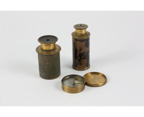 A 19thC small three draw brass telescope, a brass objective lens and a 19thC brass cased pocket compass, (3).