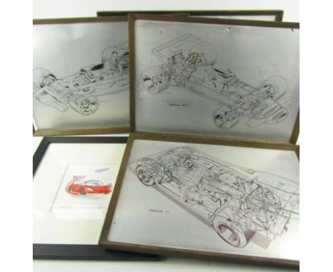 Elia (20th). Ferrari, limited edition print 88/195, 13.5cm x 13.5cm, and four prints on aluminium; BRM P153, Lotus 72. Brabha
