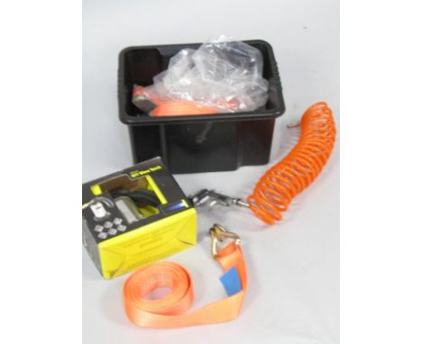 Various heavy duty bungee straps, orange coil, small quantity of hand tools, etc, (qty).