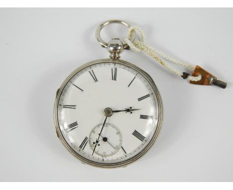 A Victorian silver cased open faced pocket watch, key wind, enamel dial bearing Roman numerals, subsidiary seconds dial, move