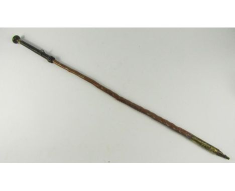 A Basque late 19thC briar wood and brass mounted ice stick by Cassou Bassussarby, with a bound leather grip, brass mount engr