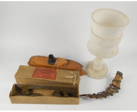 An early 20thC wooden motor cruiser table lamp, alabaster table lamp with cylindrical shade, brass mounted horn entwined with