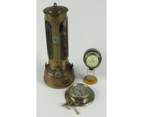 A Powell & Hanmer brass lamp, with oval gauge panels, chrome car clock and an Airway compass, (3).