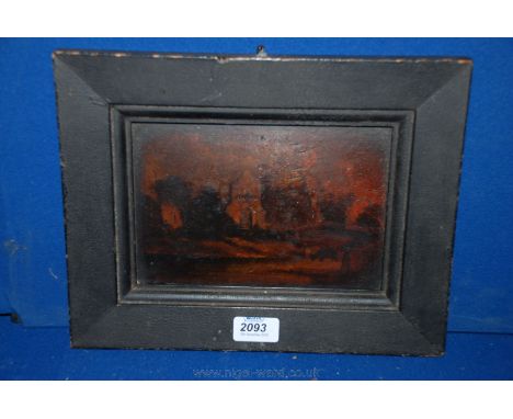 A small Oil on panel of Cattle drinking from a river opposite ruins of an old religious building, in dark wood frame, 8'' x 5