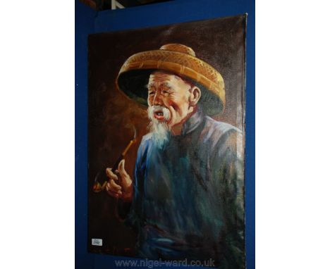 An unframed Oil on canvas being three quarter Portrait of an elderly oriental gentleman with pipe and hat.